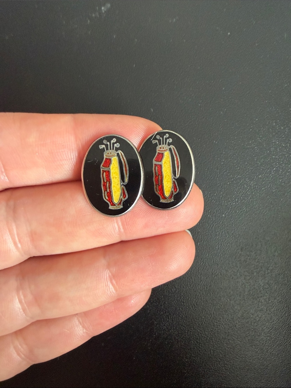 Men's Black Enamel Golf Bag Cuff Links with Red and Yellow Detail. .925 silver.